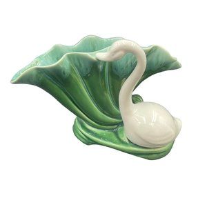 Vintage 1950 Royal Fleet Pottery Swan Planter Green Drip Glaze 9x6”